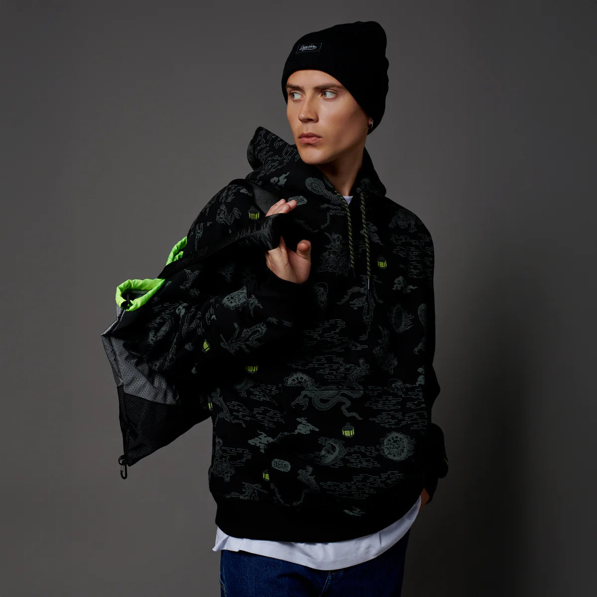 Dolly Noire Yokai Pattern Hoodie Black